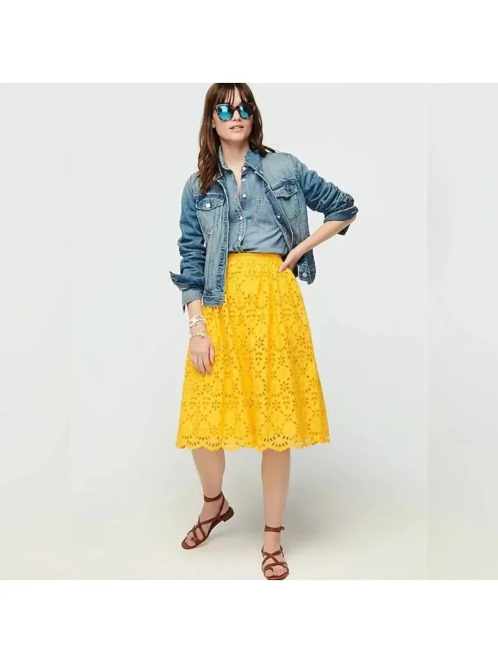 NWT J.Crew Full Midi in Rich Saffron Yellow Embroidered Eyelet A-line Skirt 4